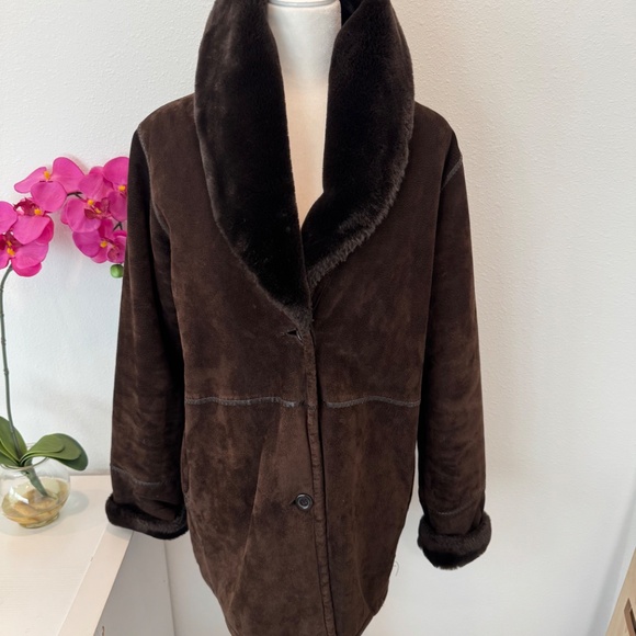 Marvin Richards Faux Suede Chocolate Brown Coat Size M Faux Fur Trim & Lining M - Picture 9 of 16